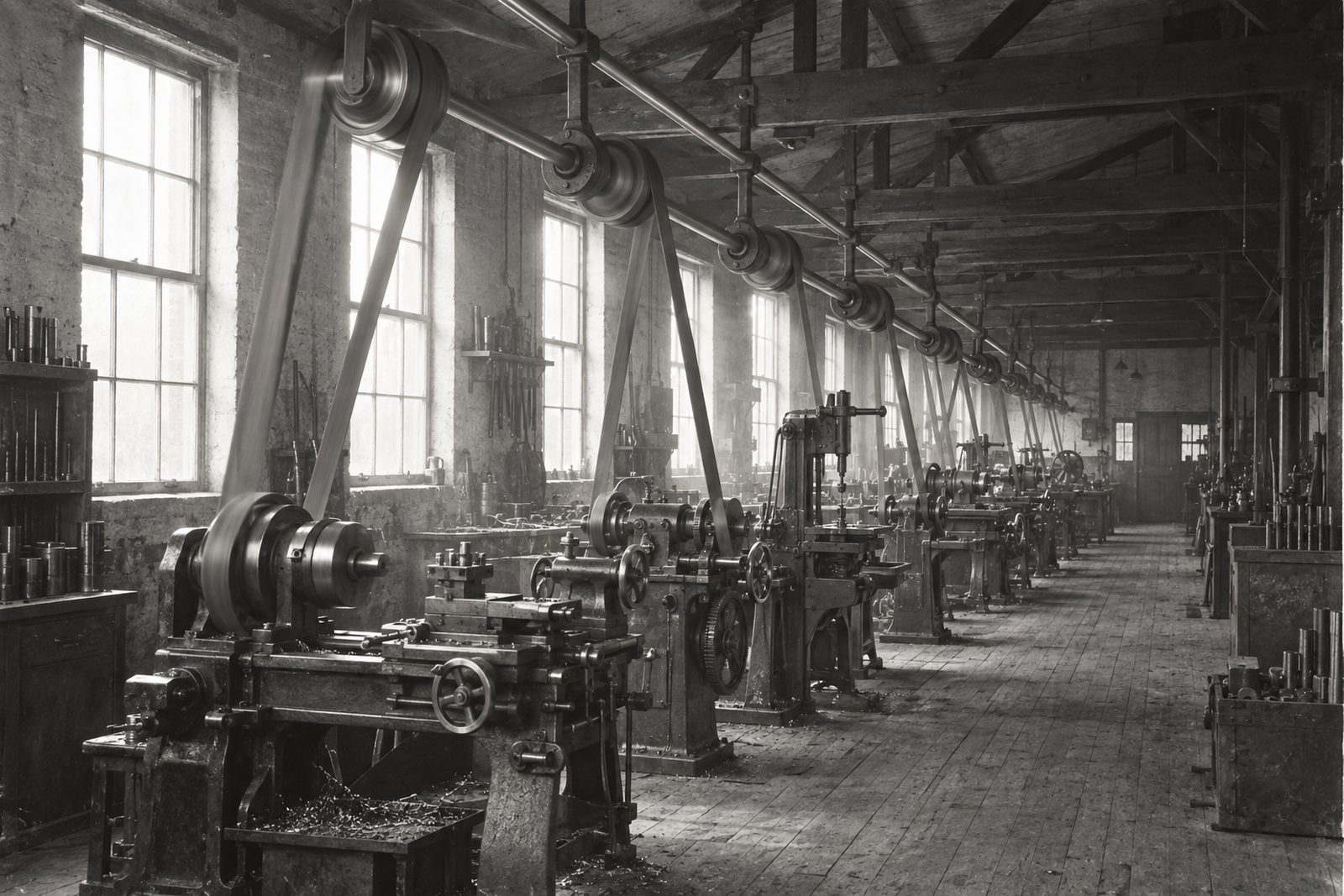 The interior of a machine shop around 1905. A single iron line shaft runs the length of the ceiling on bracket hangers, with leather belts dropping from it to rows of machines standing beneath.
